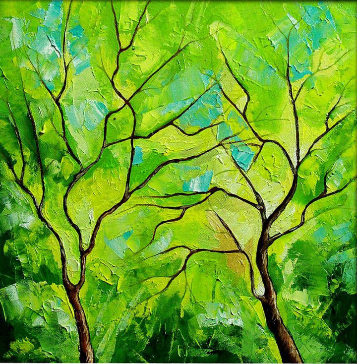 Nature oil painting titled 'Season Green', 12x12 inches, by artist Bahadur Singh on Canvas