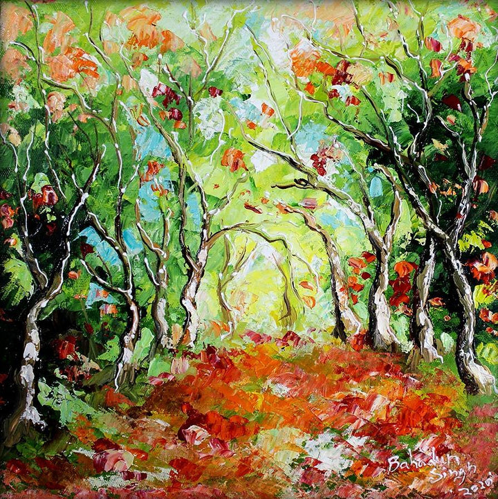 Nature oil painting titled 'Seasons 134', 12x12 inches, by artist Bahadur Singh on Canvas