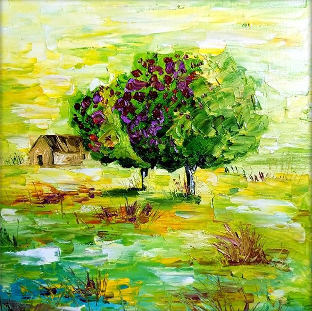 Nature oil painting titled 'Seasons 139', 12x12 inches, by artist Bahadur Singh on Canvas