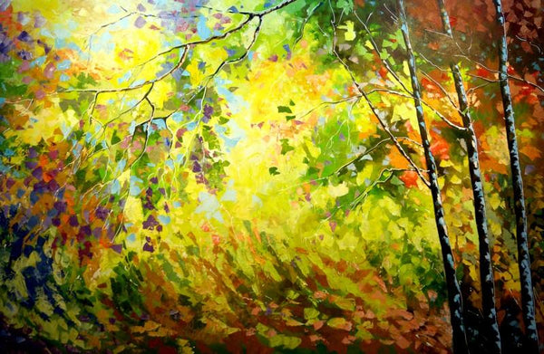 Landscape oil painting titled 'Seasons 4', 48x72 inches, by artist Bahadur Singh on Canvas