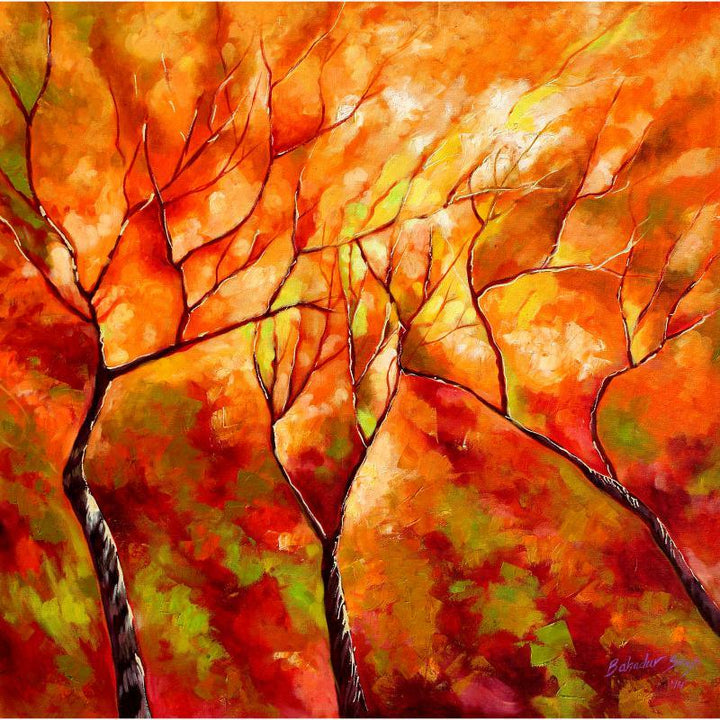 Nature oil painting titled 'Seasons IX', 28x28 inches, by artist Bahadur Singh on Canvas