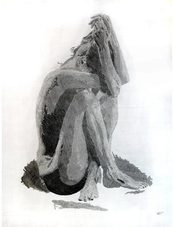 Figurative pen ink drawing titled 'Seating', 31x36 inches, by artist Ashair Naeem on Canvas