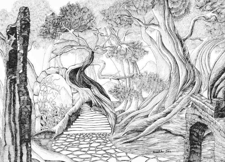 Nature ink drawing titled 'Secret Garden', 13x9 inches, by artist Ninoshka Dias on Paper