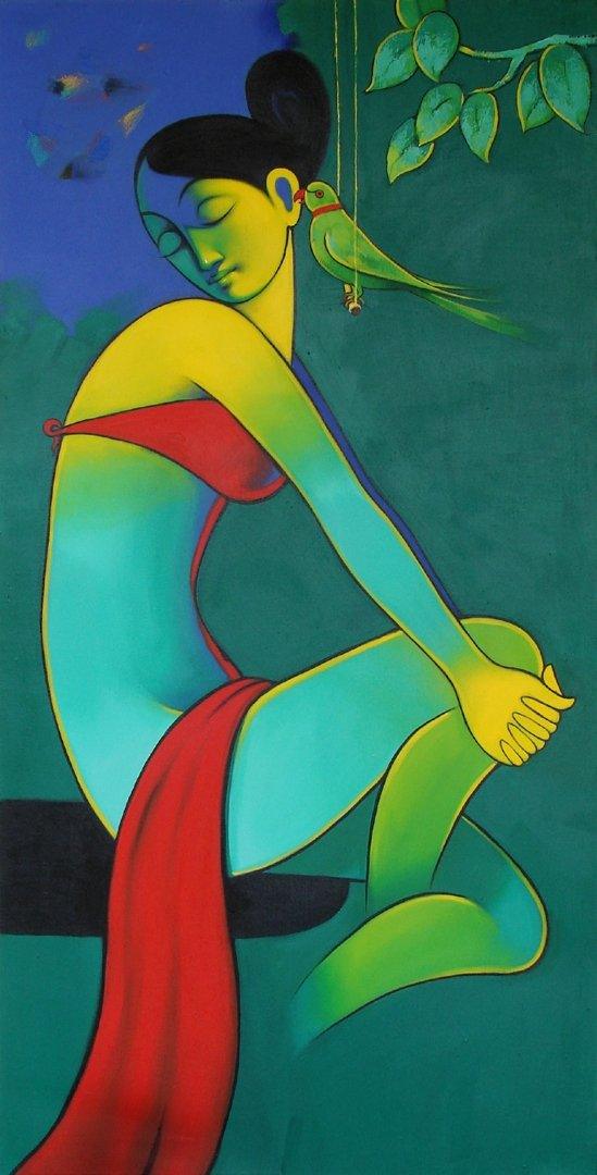 Figurative acrylic painting titled 'Secret Gossip', 30x60 inches, by artist Navnath Chobhe on Canvas