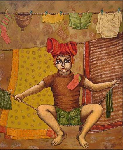 Figurative acrylic painting titled 'See Saw On A Rope', 36x30 inches, by artist Ramchandra B Pokale on Canvas