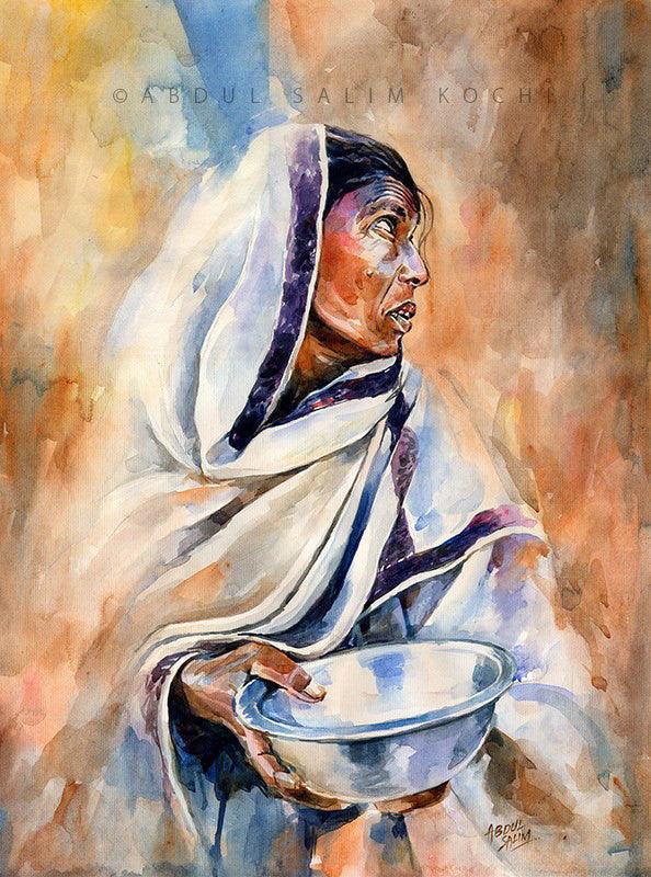 Portrait watercolor painting titled 'Seeking Mercy', 24x18 inches, by artist Abdul Salim on Paper