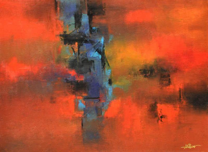 Abstract acrylic painting titled 'Seizing Blue', 28x38 inches, by artist Raju Durshettiwar on Canvas