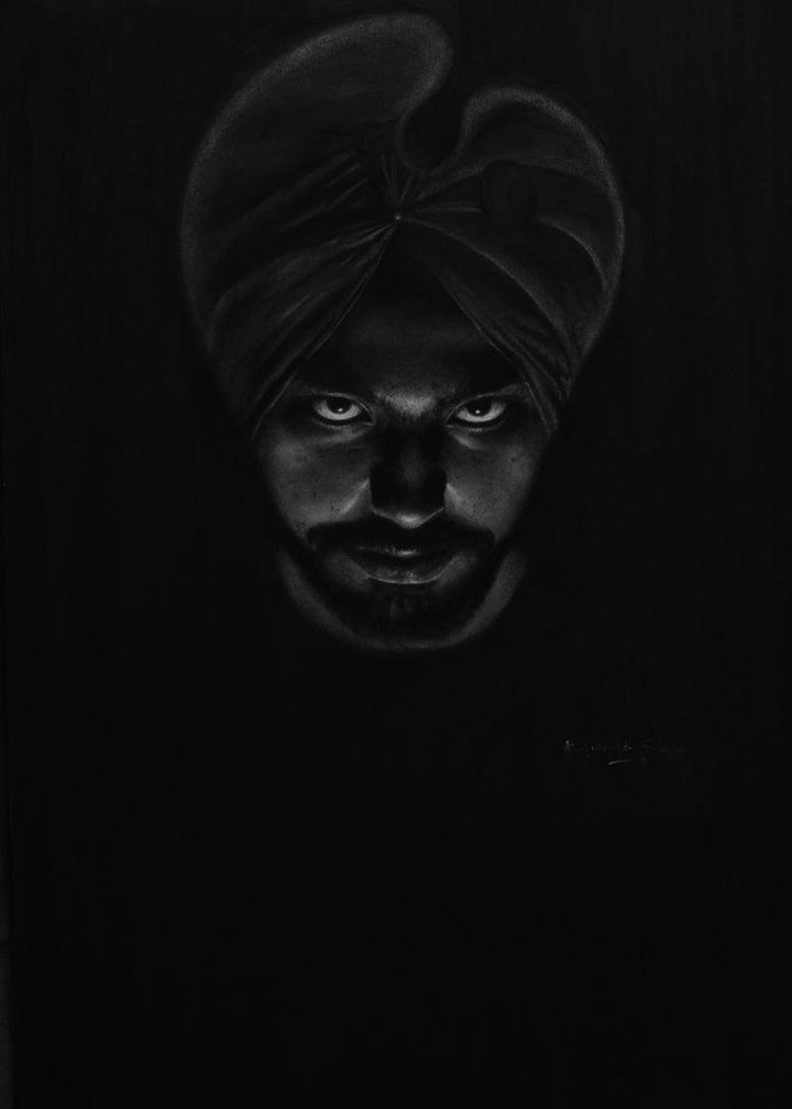 Portrait charcoal drawing titled 'Self Portrait', 15x11 inches, by artist Kulwinder Singh on Paper