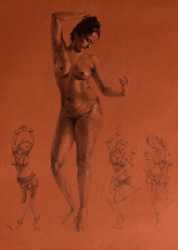 Nude pen drawing titled 'Self Restoration', 26x17 inches, by artist Mansi Sagar on Tinted Paper