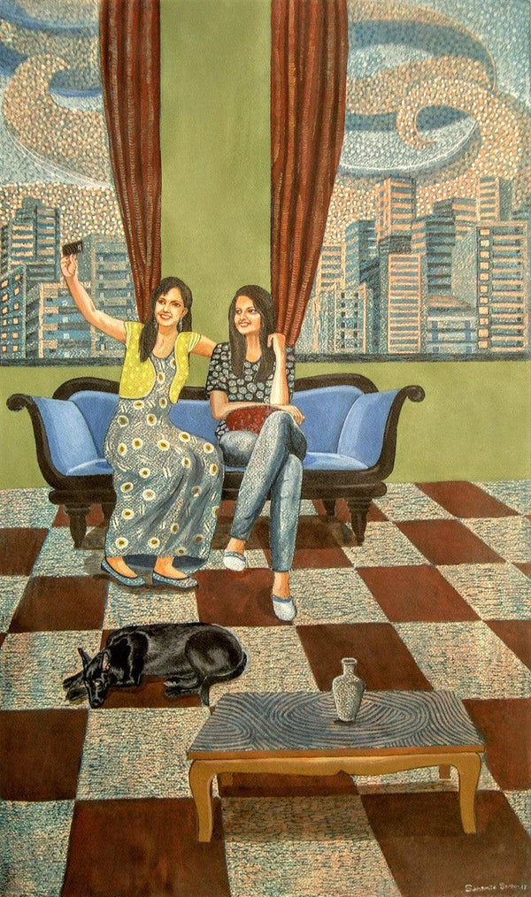 Figurative printmaking titled 'Selfie Time', 30x18 inches, by artist Subhamita Sarkar on Paper