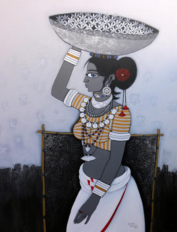 Figurative acrylic painting titled 'Seller', 36x48 inches, by artist GAJRAJ  CHAVAN on Canvas