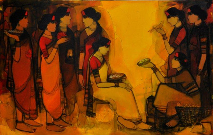 Figurative acrylic painting titled 'Selling Flowers', 60x96 inches, by artist Sachin Sagare on Canvas