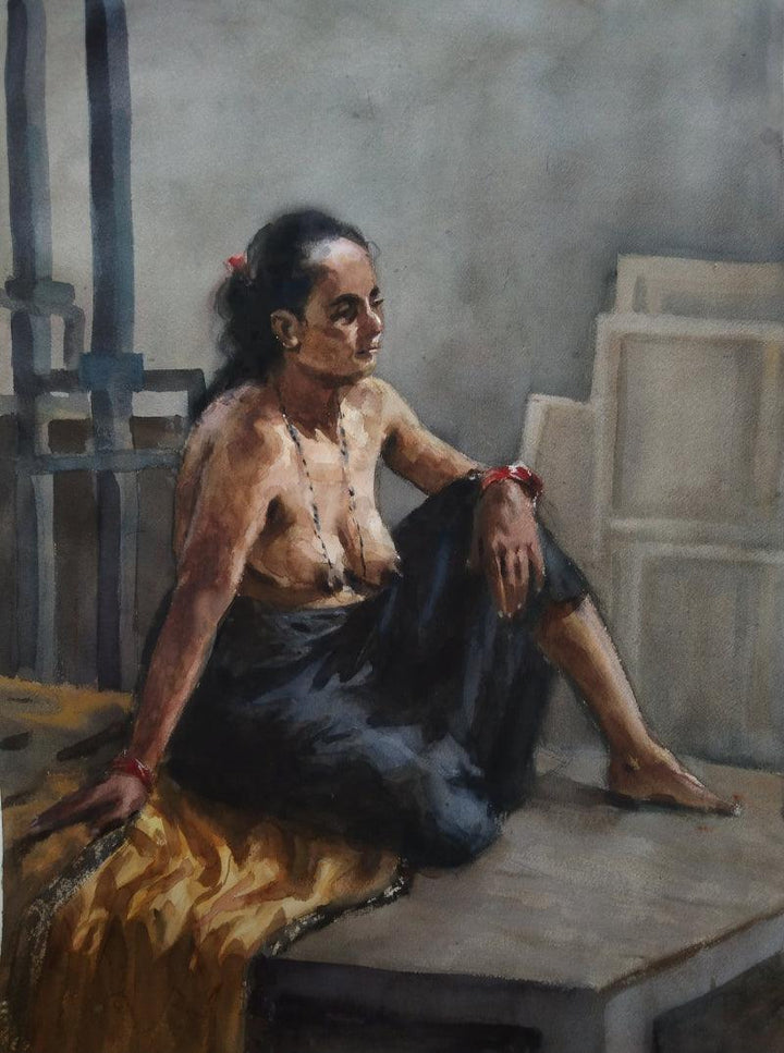 Nude watercolor painting titled 'Semi Nude', 30x24 inches, by artist Swapnil Pate on Paper