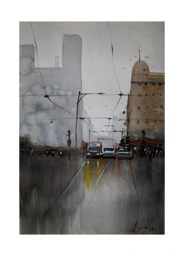 Cityscape watercolor painting titled 'Serbia', 11x7 inches, by artist Arunava Ray on Paper