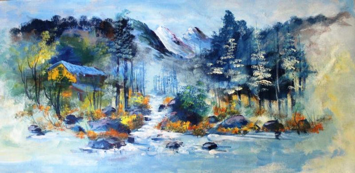 Landscape acrylic painting titled 'Serene', 41x19 inches, by artist AYAAN GROUP on Canvas