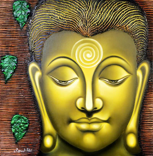 Religious oil painting titled 'Serene Buddha', 24x24 inches, by artist Ramesh Patel on Canvas