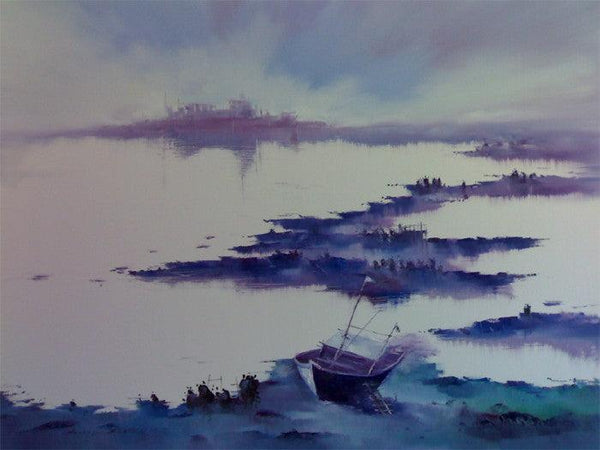 Seascape oil painting titled 'Serenity of Nature I', 36x48 inches, by artist Narayan Shelke on Canvas