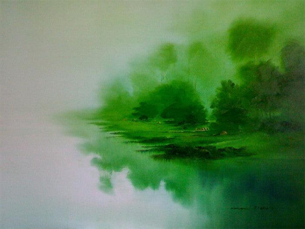 Nature oil painting titled 'Serenity of Nature II', 36x48 inches, by artist Narayan Shelke on Canvas