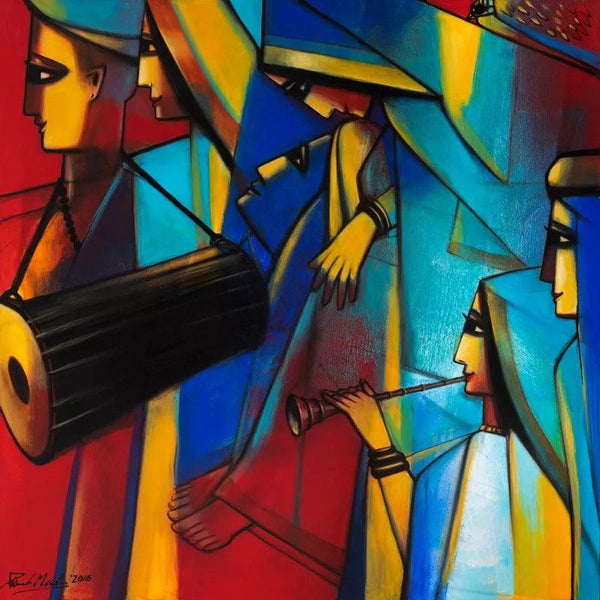 Figurative acrylic painting titled 'Setting For The Wedding', 60x60 inches, by artist Paresh Maity on Canvas