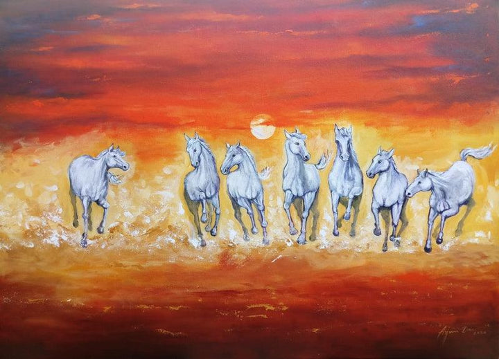 contemporary acrylic painting titled 'Seven Horse', 30x42 inches, by artist Arjun Das on Canvas