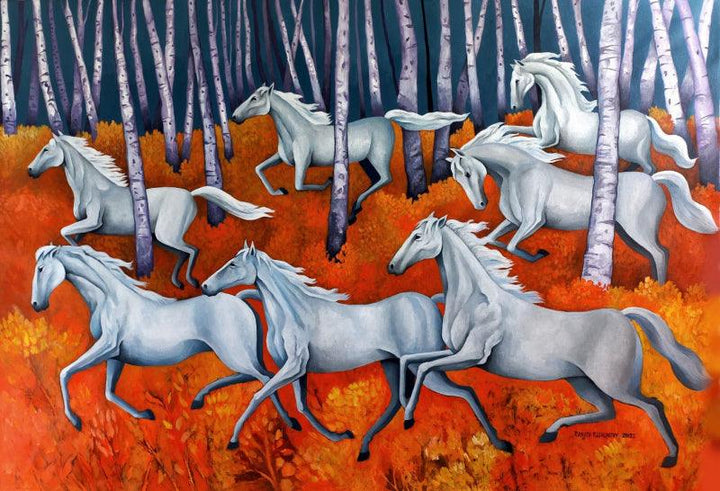 Animals acrylic painting titled 'Seven Horses', 48x68 inches, by artist Ranjith Raghupathy on Canvas