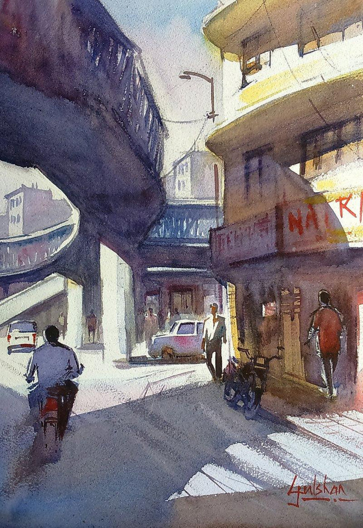 Cityscape watercolor painting titled 'Shad w ow', 18x13 inches, by artist Gulshan Achari on Paper