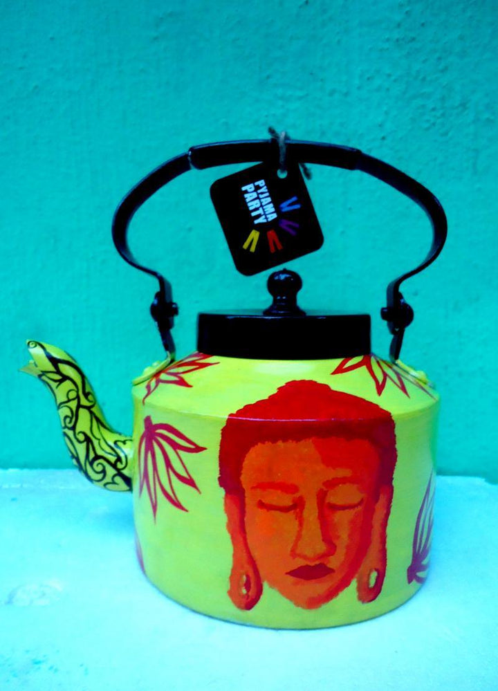 Lifestyle craft titled 'Shades of Buddha Green Tea Kettle', 9x9x7 inches, by artist Rithika Kumar on Aluminium