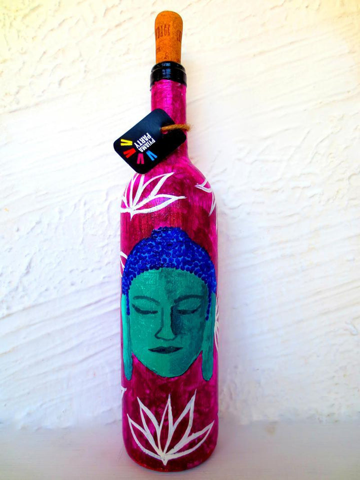 Lifestyle craft titled 'Shades Of Buddha Hand Painted Glass Bottles', 12x3x12 inches, by artist Rithika Kumar on Recycled Glass