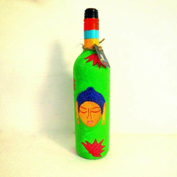 Lifestyle craft titled 'Shades Of Buddha Leaf Green Hand Painted Glass Bottles', 12x3x12 inches, by artist Rithika Kumar on Recycled Glass