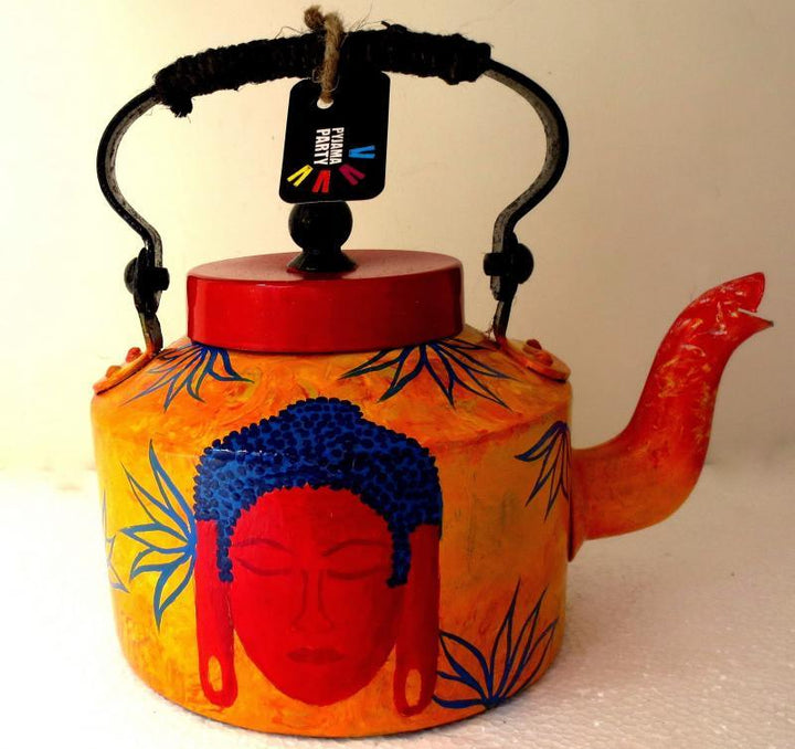 Lifestyle craft titled 'Shades Of Buddha Yellow Tea Kettle', 9x9x7 inches, by artist Rithika Kumar on Aluminium