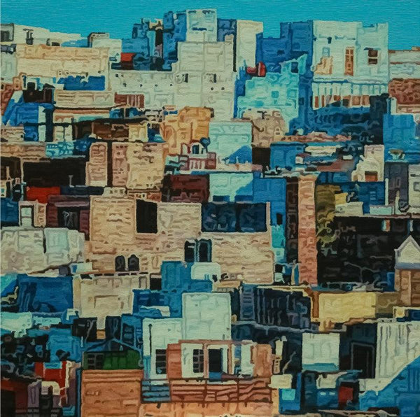 Cityscape oil painting titled 'Shadow City 10', 60x60 inches, by artist Ganesh Pokharkar on Canvas