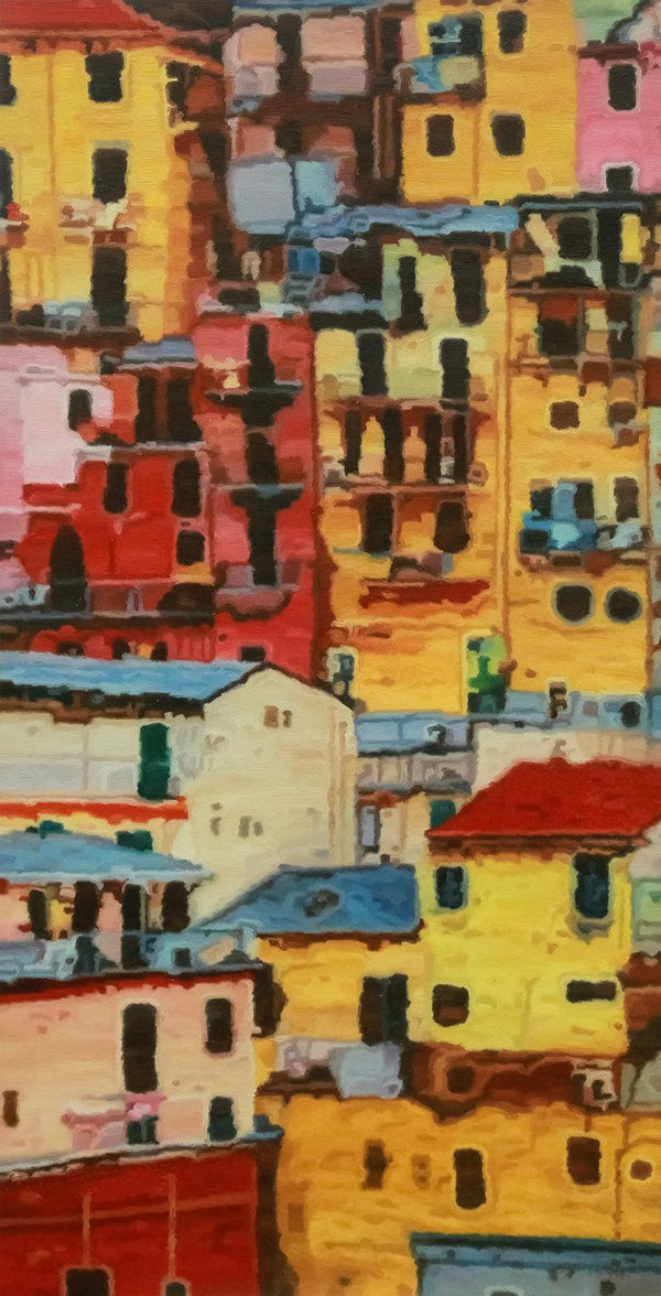 Cityscape oil painting titled 'Shadow City 5', 60x30 inches, by artist Ganesh Pokharkar on Canvas