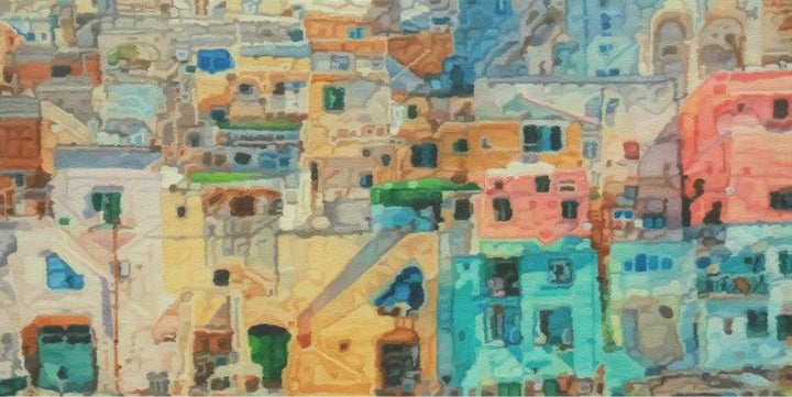 Cityscape oil painting titled 'Shadow City 6', 30x60 inches, by artist Ganesh Pokharkar on Canvas