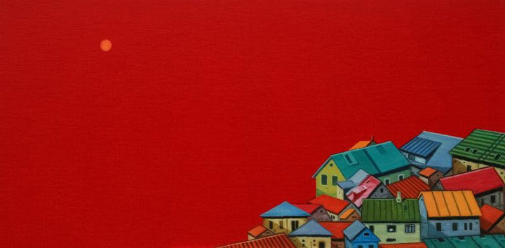 Cityscape oil painting titled 'Shadow City 7', 36x72 inches, by artist Ganesh Pokharkar on Canvas