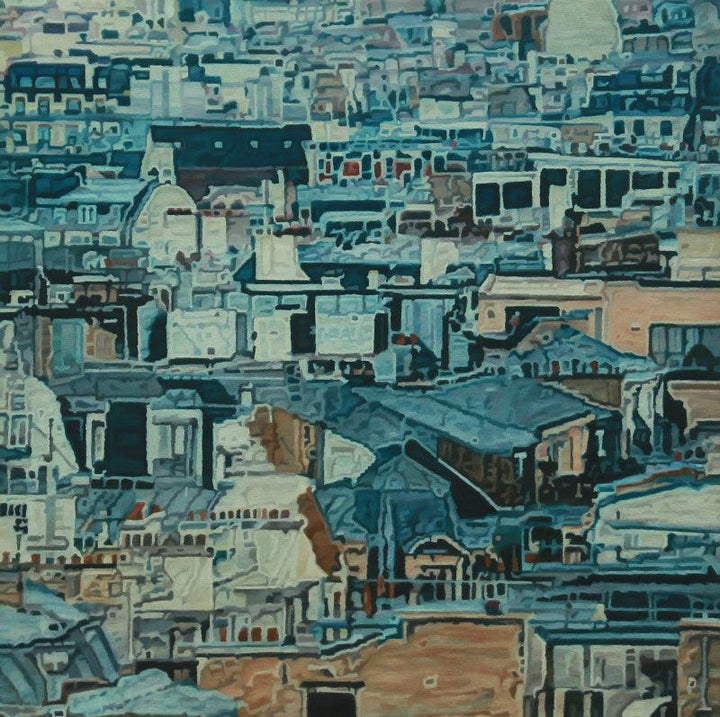 Cityscape oil painting titled 'Shadow City 9', 72x72 inches, by artist Ganesh Pokharkar on Canvas