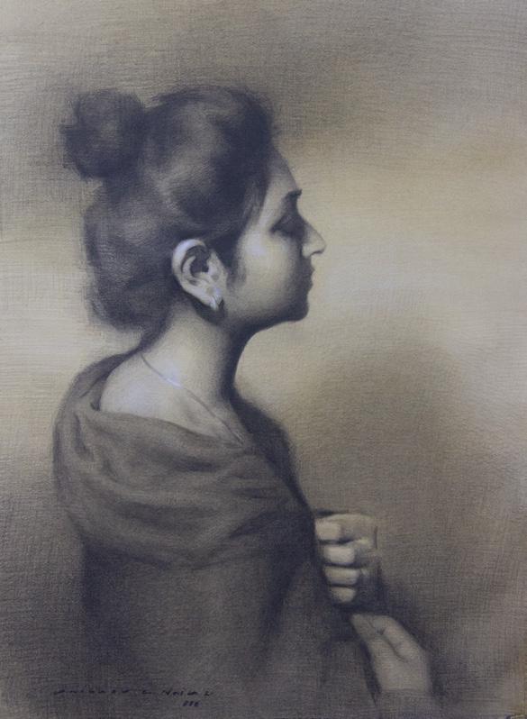 Portrait pencil drawing titled 'Shadow Of Sorrow', 14x11 inches, by artist Vaibhav Naik on Paper