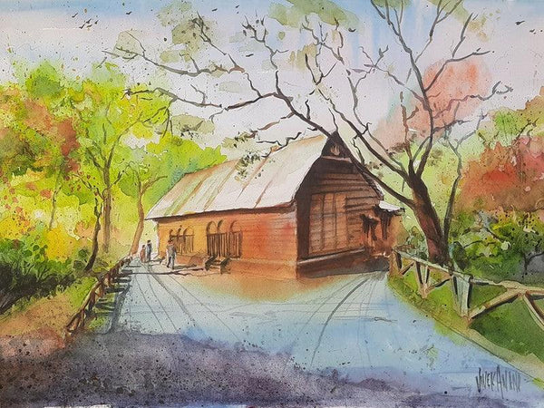 Landscape watercolor painting titled 'Shakeshpeare Garden Central park NY', 15x11 inches, by artist Vivekanand Viswam on Paper