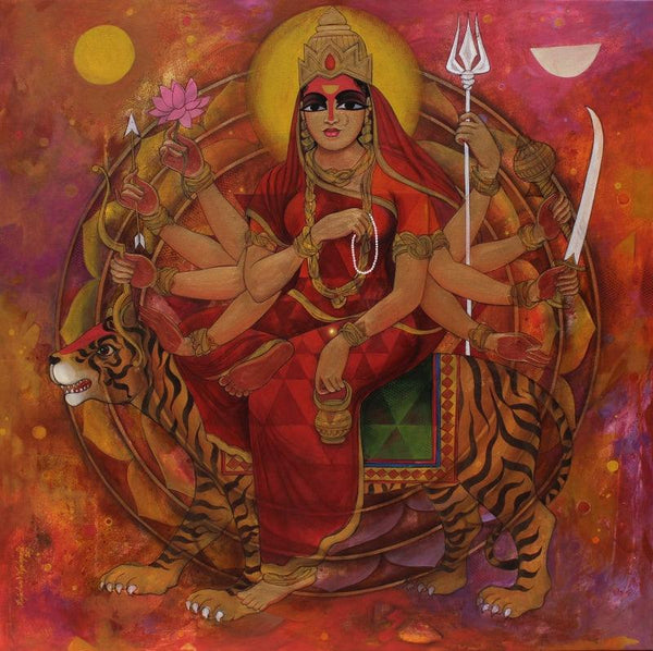 Religious acrylic painting titled 'Shakthi', 36x36 inches, by artist N P Rajeshwarr on Canvas