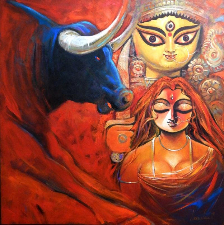 Religious acrylic painting titled 'Shakti 2', 40x40 inches, by artist Subrata Ghosh on Canvas