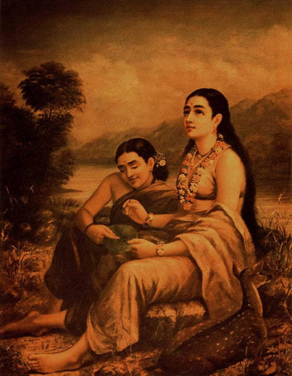 Figurative oil painting titled 'Shakumtalas Love Letter To Dushyanta', 36x28 inches, by artist Raja Ravi Varma Reproduction on Canvas