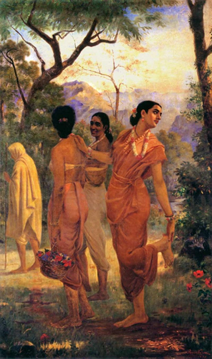 Figurative oil painting titled 'Shakumthala Looks Of Love', 36x21 inches, by artist Raja Ravi Varma Reproduction on Canvas