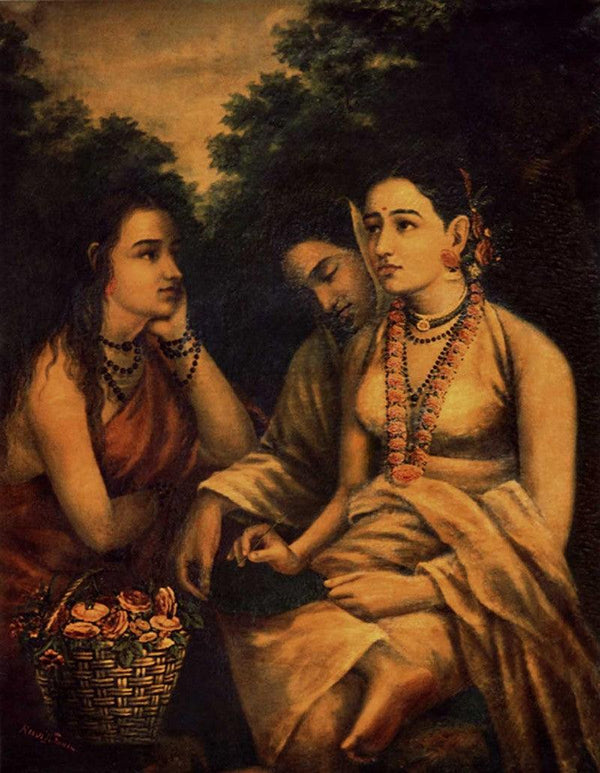 Figurative oil painting titled 'Shakumthala Patralekhan', 36x28 inches, by artist Raja Ravi Varma Reproduction on Canvas