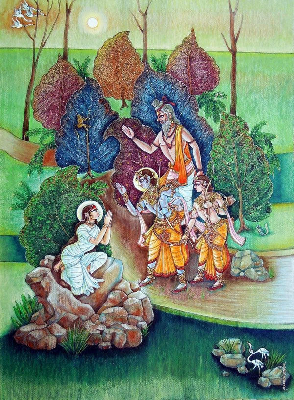 Religious mixed media painting titled 'Shakuntal', 29x20 inches, by artist Anand Sonar on Handmade Paper