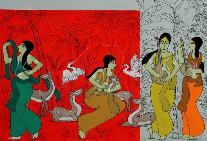 contemporary acrylic painting titled 'Shakuntala', 34x46 inches, by artist Chetan Katigar on Canvas