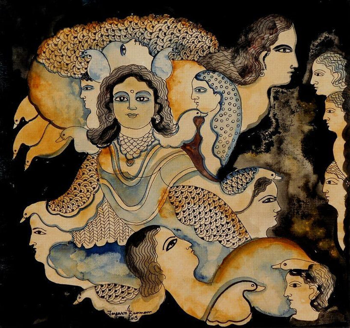 Figurative watercolor painting titled 'Shambhavi', 12x12 inches, by artist Jayasri Burman on Board