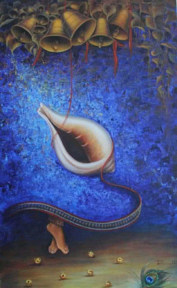 Religious acrylic painting titled 'Shankh Leela', 48x30 inches, by artist Rakhi Baid on Canvas