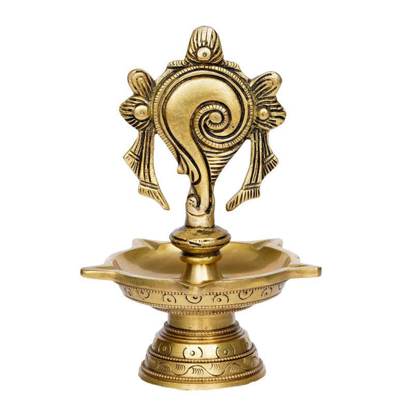 Religious handicraft titled 'Shankha Diya With 5 Wicks', 6x4x4 inches, by artist Brass Handicrafts on Brass