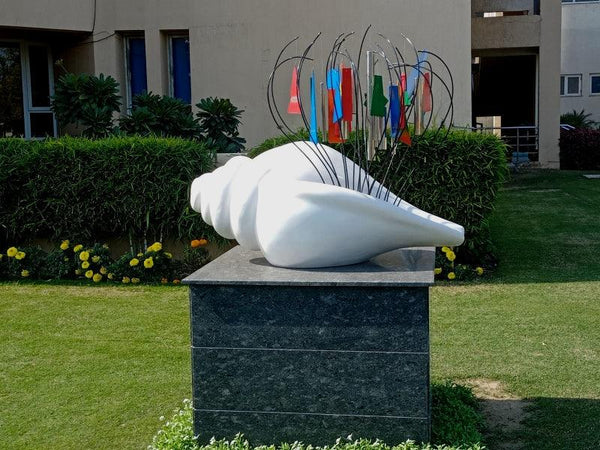 Religious sculpture titled 'Shankhnaad', 47x48x27 inches, by artist Gurucharan Singh on Fiberglass, Steel