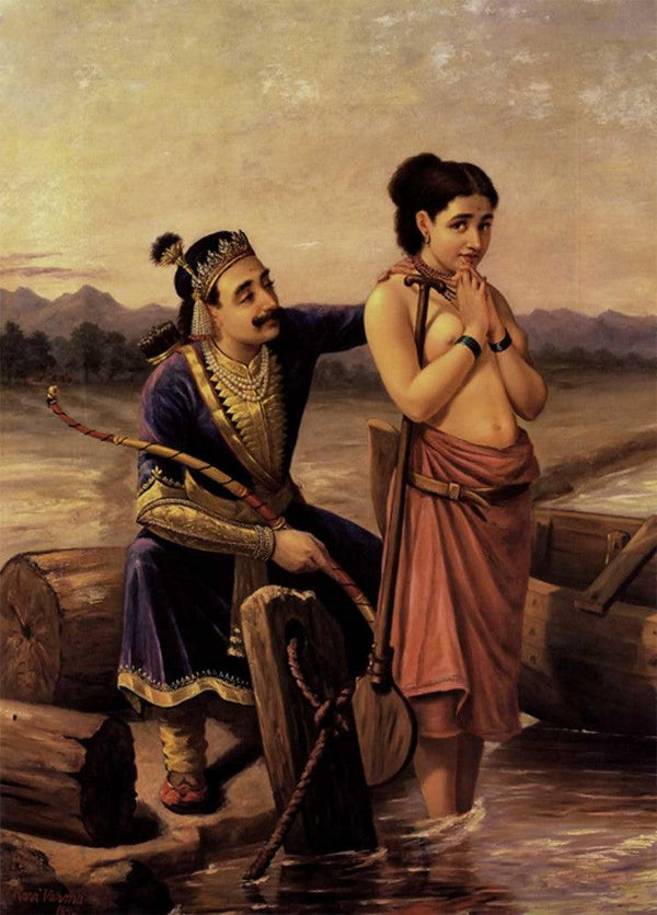Figurative oil painting titled 'Shantanoo And Matsyagandha', 36x26 inches, by artist Raja Ravi Varma Reproduction on Canvas