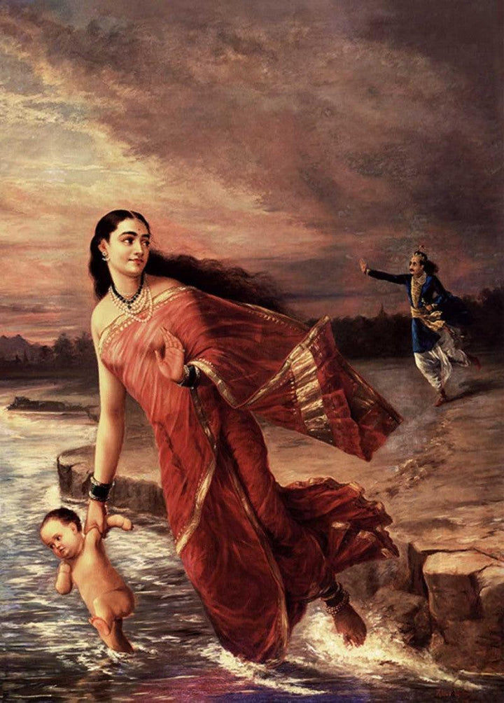 Figurative oil painting titled 'Shanthanoo And Ganga', 36x26 inches, by artist Raja Ravi Varma Reproduction on Canvas